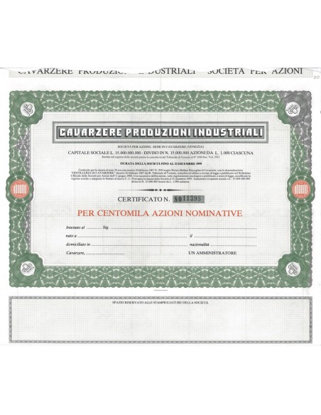 DISTILLERIE DI CAVARZERE - 100000 AZIONI CAVARZERE 1907