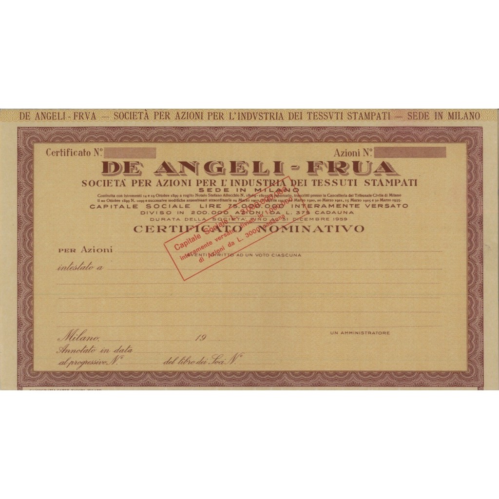 DE ANGELI - FRUA AZIONI MILANO 1899