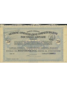 GESTIONE AMMINISTRAZIONE COMPARTECIPAZIONI INDUSTRIALI 250 AZIONI TORINO 1928