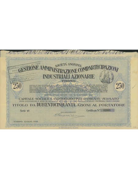 GESTIONE AMMINISTRAZIONE COMPARTECIPAZIONI INDUSTRIALI 250 AZIONI TORINO 1928