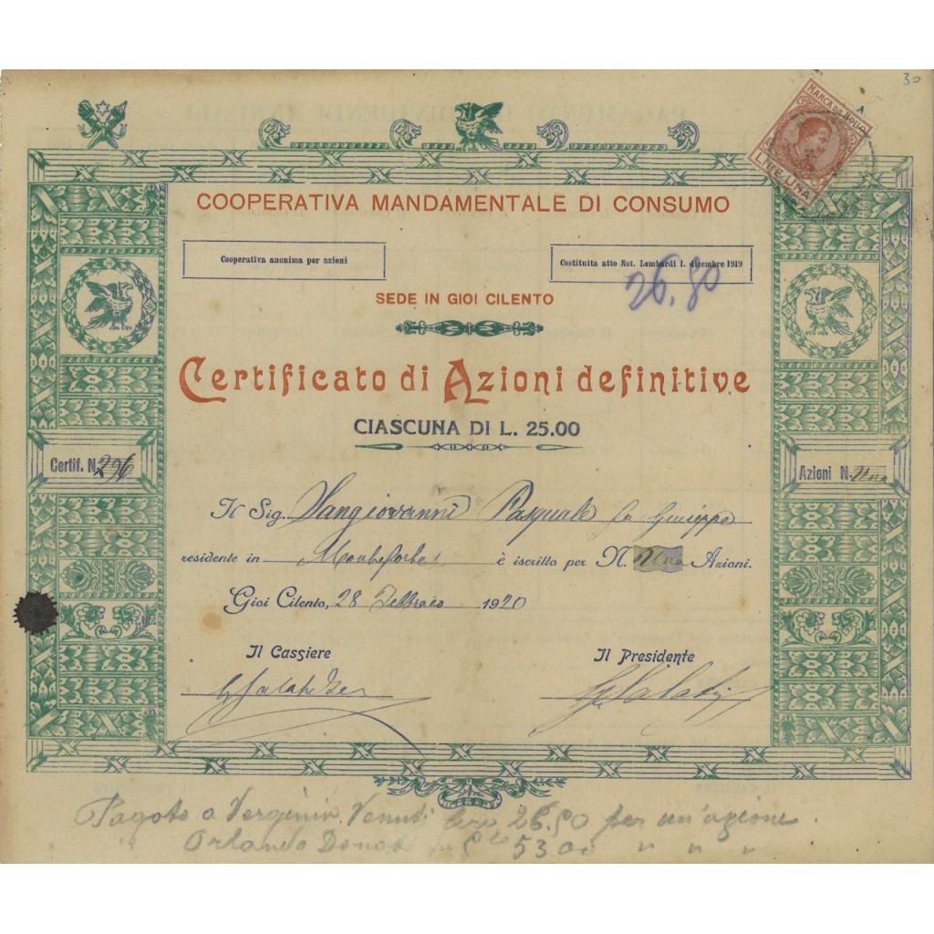 COOP. MANDAMENTALE DI CONSUMO - 1 - AZIONE GIOI CILENTO 1920