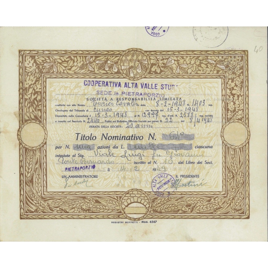 COOP. ALTA VALLE STURA - 1 AZIONE PIETRAPORZIO 1949