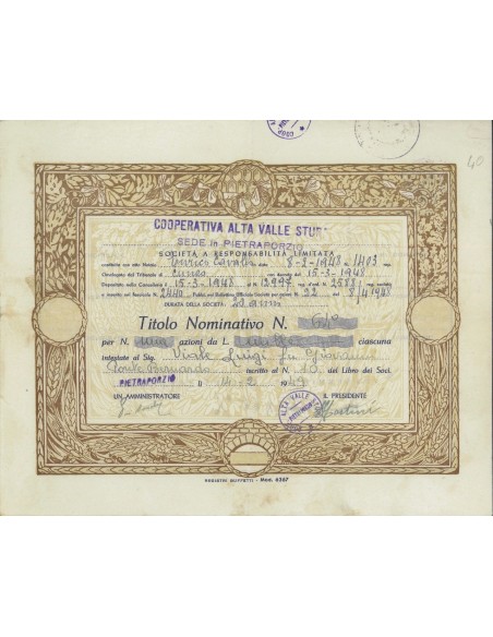 COOP. ALTA VALLE STURA - 1 AZIONE PIETRAPORZIO 1949