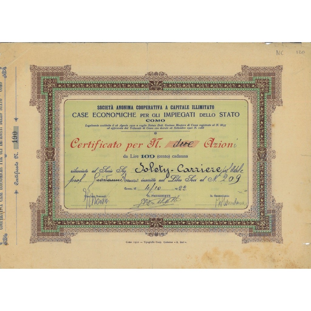 SOC. ANON. CASE ECONOMICHE ... - 2 AZIONI - COMO 1922