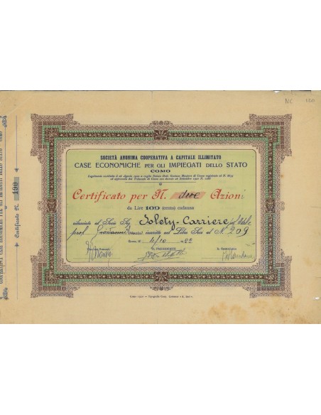 SOC. ANON. CASE ECONOMICHE ... - 2 AZIONI - COMO 1922