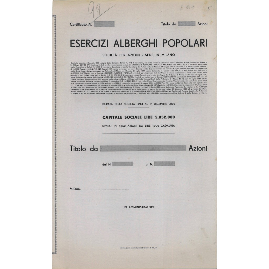 ESERCIZI ALBERGHI POPOLARI - AZIONI MILANO 1899