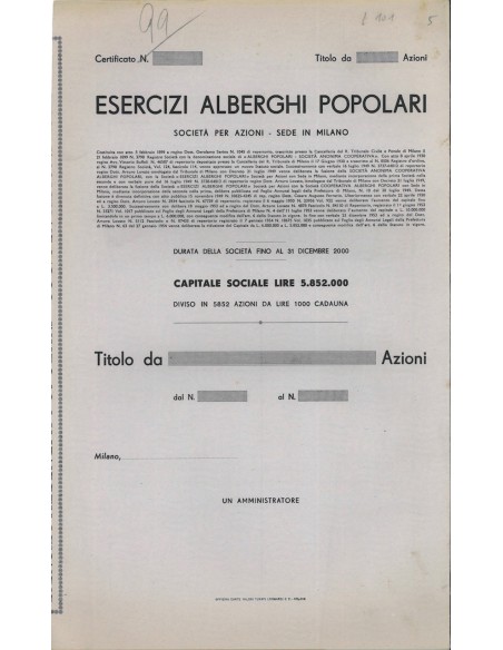 ESERCIZI ALBERGHI POPOLARI - AZIONI MILANO 1899