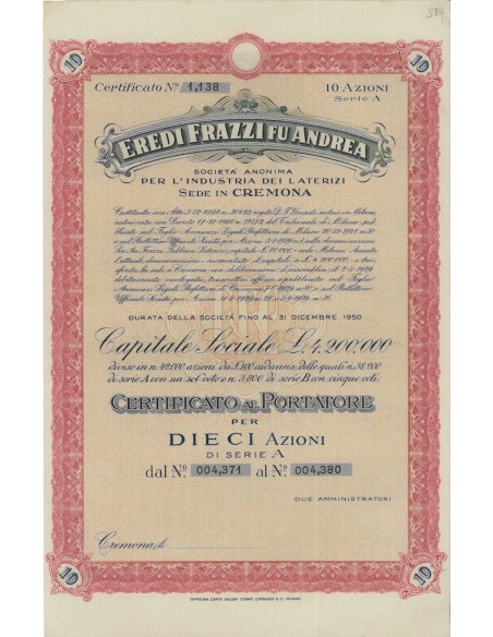 EREDI FRAZZI FU ANDREA 10 AZIONI CREMONA 1928