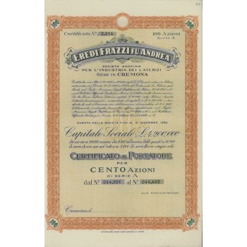 EREDI FRAZZI FU ANDREA 100 AZIONI CREMONA 1928