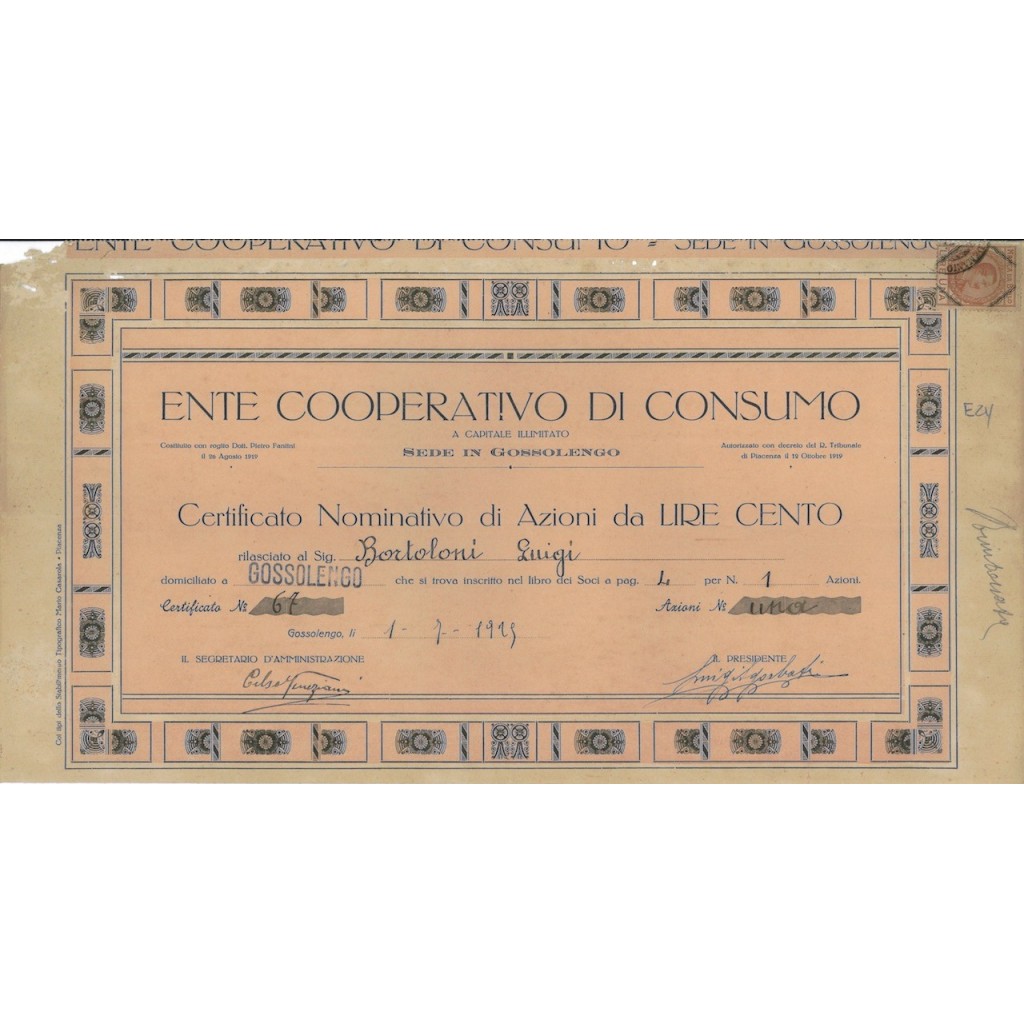 ENTE COOP. DI CONSUMO -1 AZIONE - GOSSOLENGO 1929