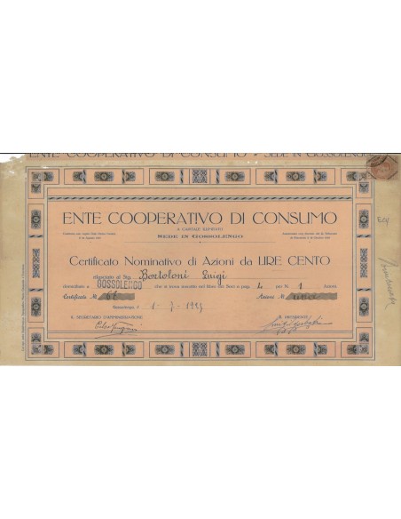 ENTE COOP. DI CONSUMO -1 AZIONE - GOSSOLENGO 1929