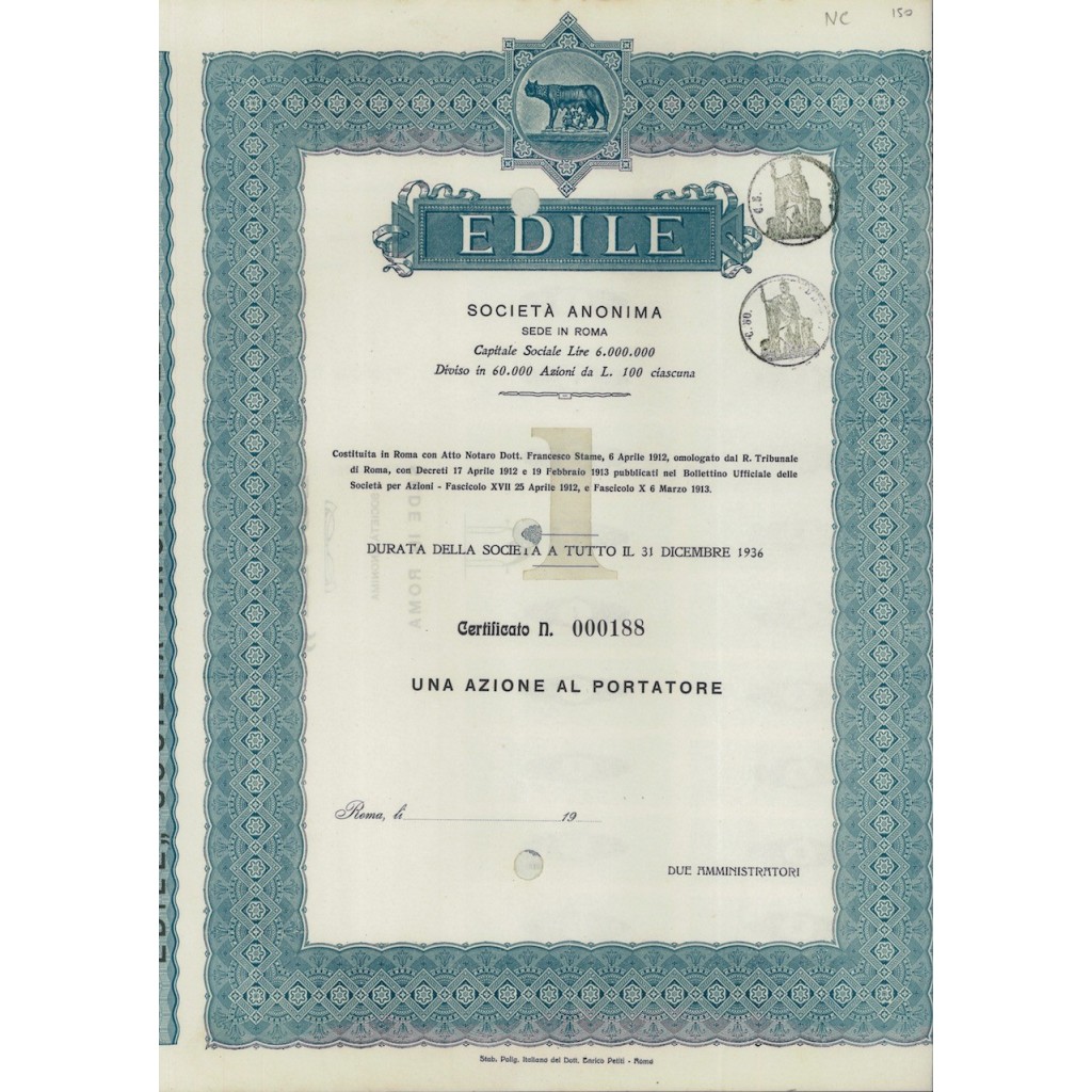 EDILE SOC. ANON. - UNA AZIONE ROMA 1912
