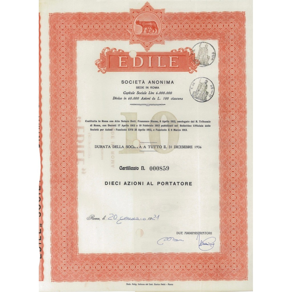 EDILE SOC. ANON. - 10 AZIONI ROMA 1921
