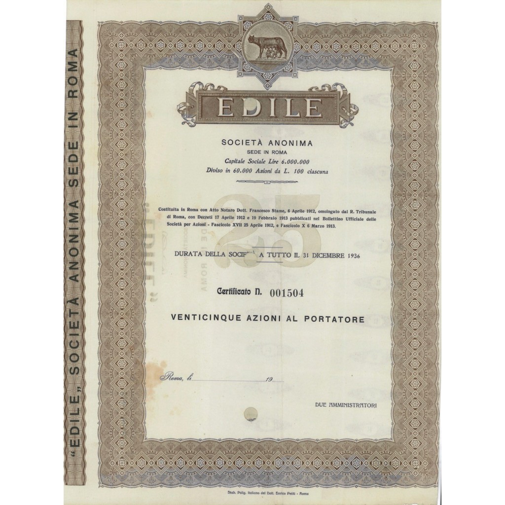 EDILE SOC. ANON. - 25 AZIONI ROMA 1912