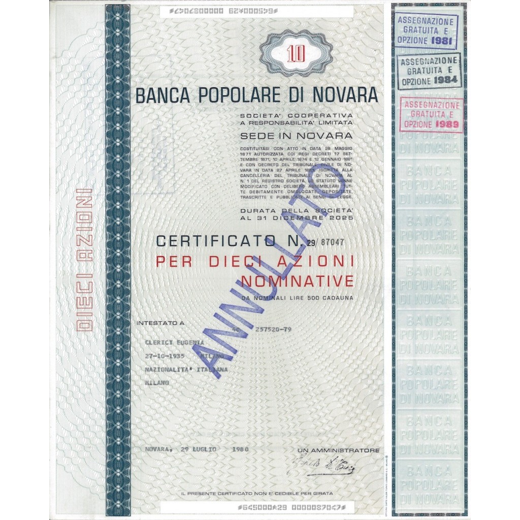 BANCA POPOLARE DI NOVARA - 10 AZIONI NOVARA 1980
