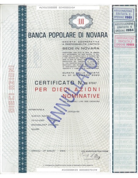 BANCA POPOLARE DI NOVARA - 10 AZIONI NOVARA 1980