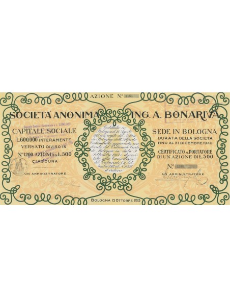 SOC. ANON. ING. A. BONARIVA 1 AZIONE BOLOGNA 1913