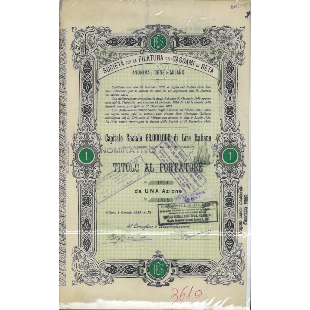 SOC. ANON. FILATURA CASCAMI SETA - 1 AZIONE MILANO 1933