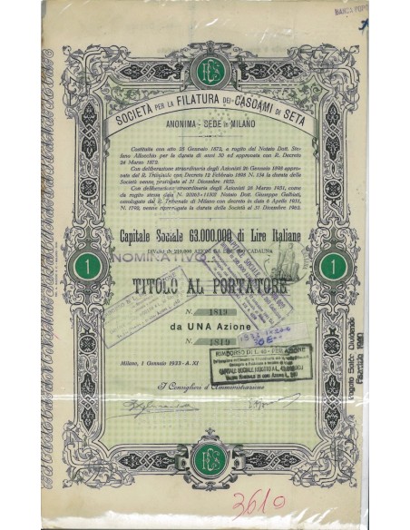 SOC. ANON. FILATURA CASCAMI SETA - 1 AZIONE MILANO 1933