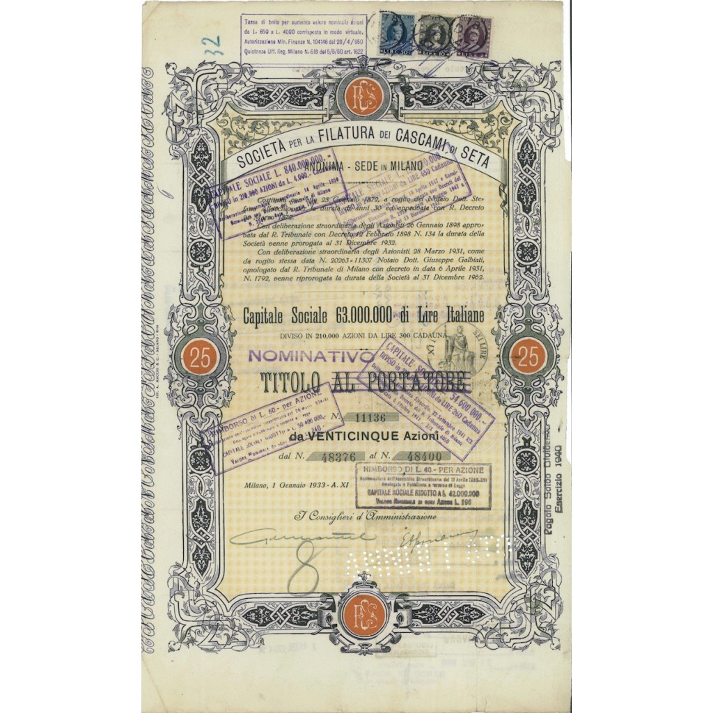 SOC. ANON. FILATURA CASCAMI SETA - 25 AZIONI MILANO 1933