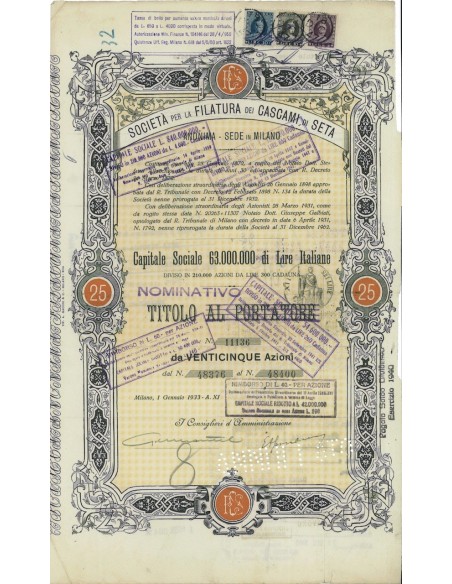 SOC. ANON. FILATURA CASCAMI SETA - 25 AZIONI MILANO 1933