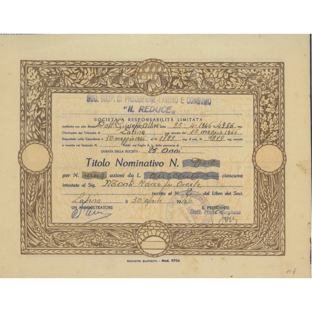 SOC. COP. DI PROD-LAVORO E CON. IL REDUCE" - 2 AZIONI LATINA 1946"