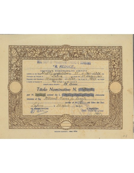 SOC. COP. DI PROD-LAVORO E CON. IL REDUCE" - 2 AZIONI LATINA 1946"