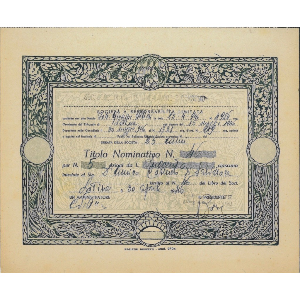SOC. COP. DI PROD-LAVORO E CON. IL REDUCE" - 5 AZIONI LATINA 1946"