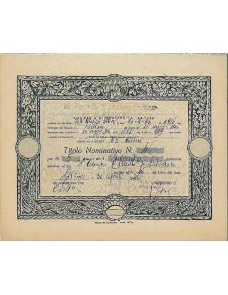 SOC. COP. DI PROD-LAVORO E CON. IL REDUCE" - 5 AZIONI LATINA 1946"