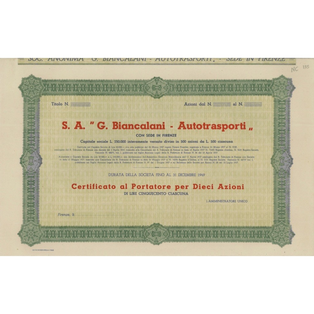 S.A. G. BIANCALANI AUTOTRASPORTI - 10 AZIONI FIRENZE 1937