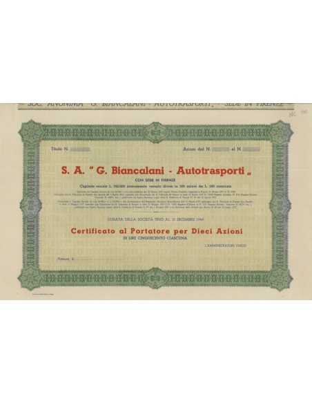 S.A. G. BIANCALANI AUTOTRASPORTI - 10 AZIONI FIRENZE 1937
