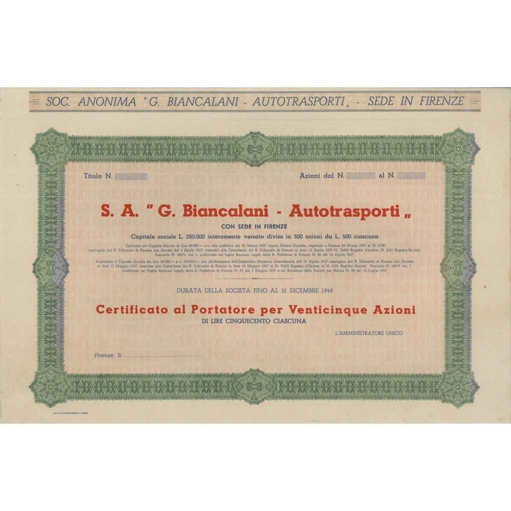 S.A. G. BIANCALANI AUTOTRASPORTI - 25 AZIONI FIRENZE 1937