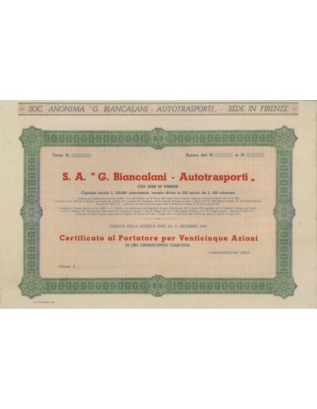 S.A. G. BIANCALANI AUTOTRASPORTI - 25 AZIONI FIRENZE 1937