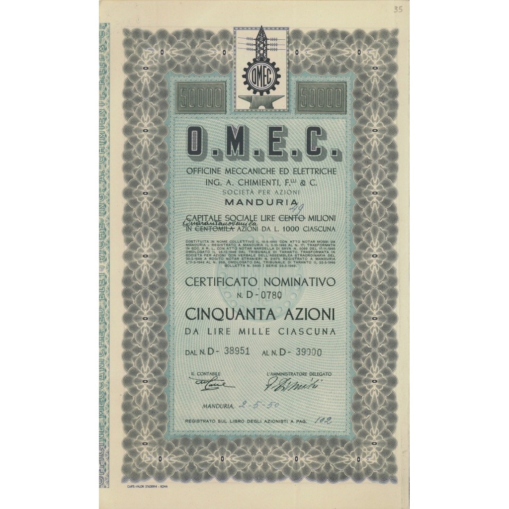 O.M.E.C. - 50 AZIONI MANDURIA 1950