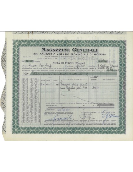 MAG. GEN. CONS. AGRARIO PROV. MODENA - WARRANT MODENA 1977
