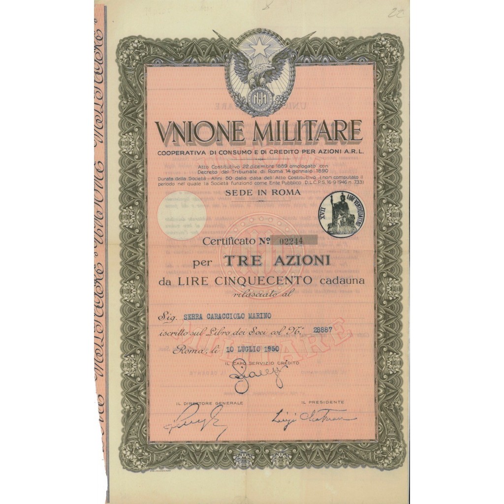 UNIONE MILITARE COOP. CONSUMO E CREDITO - 3 AZIONI ROMA 1950