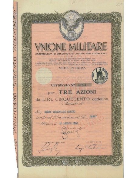 UNIONE MILITARE COOP. CONSUMO E CREDITO - 3 AZIONI ROMA 1950