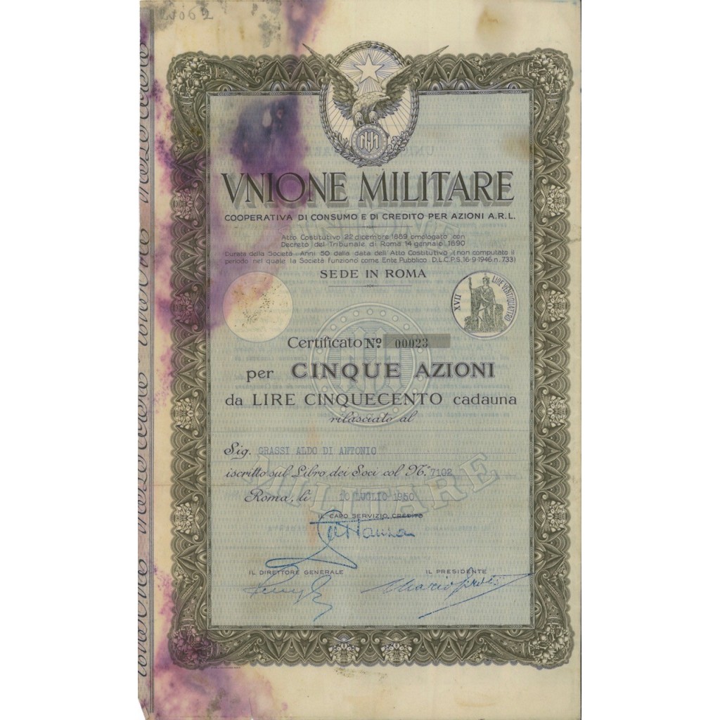 UNIONE MILITARE COOP. CONSUMO E CREDITO - 5 AZIONI ROMA 1950