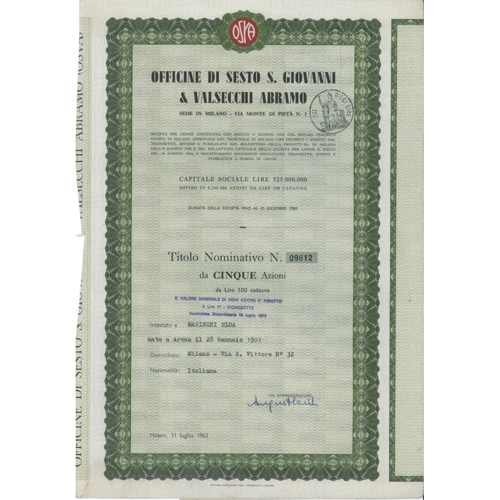 OFF. DI SESTO S. GIOVANNI E VALSECCHI A. - 5 AZIONI MILANO 1963