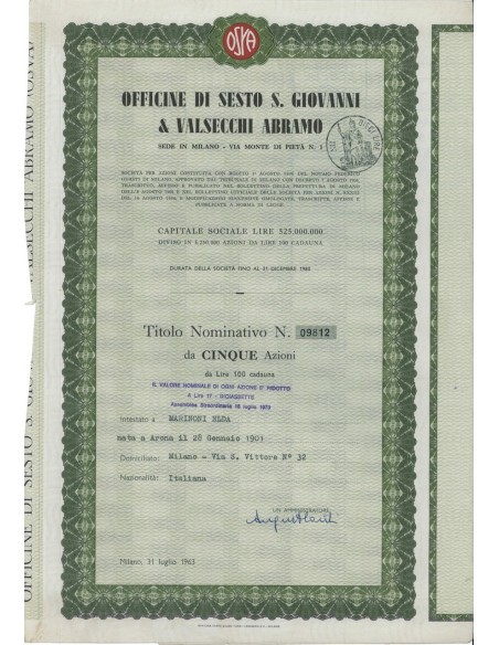 OFF. DI SESTO S. GIOVANNI E VALSECCHI A. - 5 AZIONI MILANO 1963