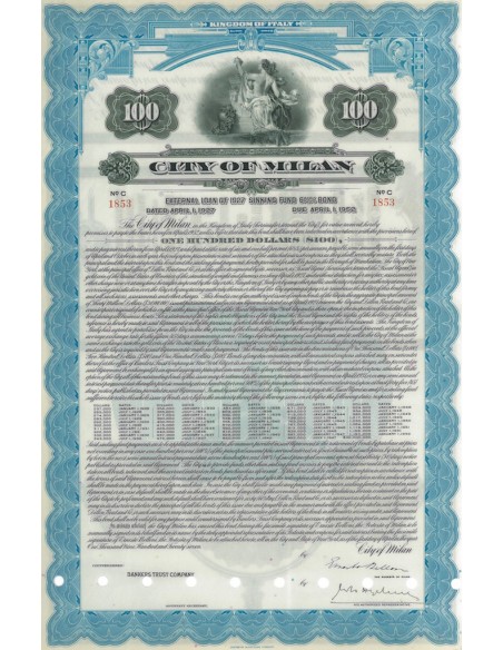 CITY OF MILAN 1 OBBLIGAZIONE DA 100$ MILANO 1927