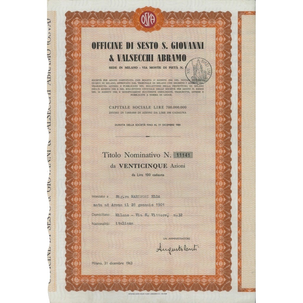 OFF. DI SESTO S. GIOVANNI E VALSECCHI A. - 25 AZIONI MILANO 1963