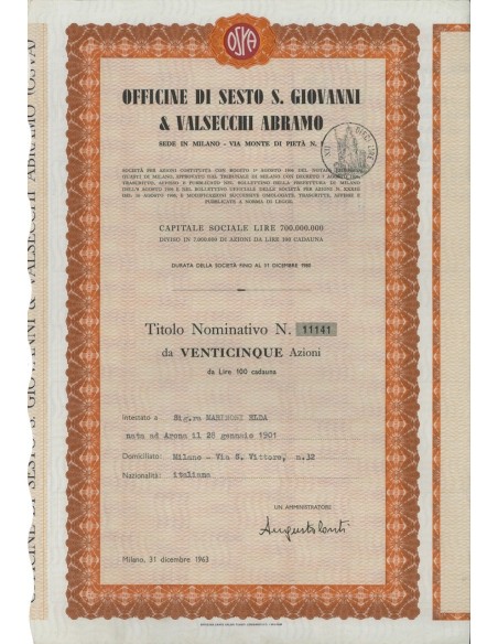 OFF. DI SESTO S. GIOVANNI E VALSECCHI A. - 25 AZIONI MILANO 1963