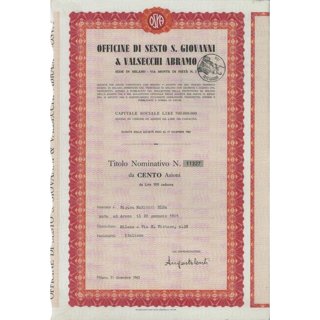 OFF. DI SESTO S. GIOVANNI E VALSECCHI A. - 100 AZIONI MILANO 1963