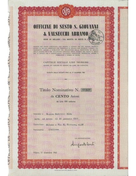 OFF. DI SESTO S. GIOVANNI E VALSECCHI A. - 100 AZIONI MILANO 1963