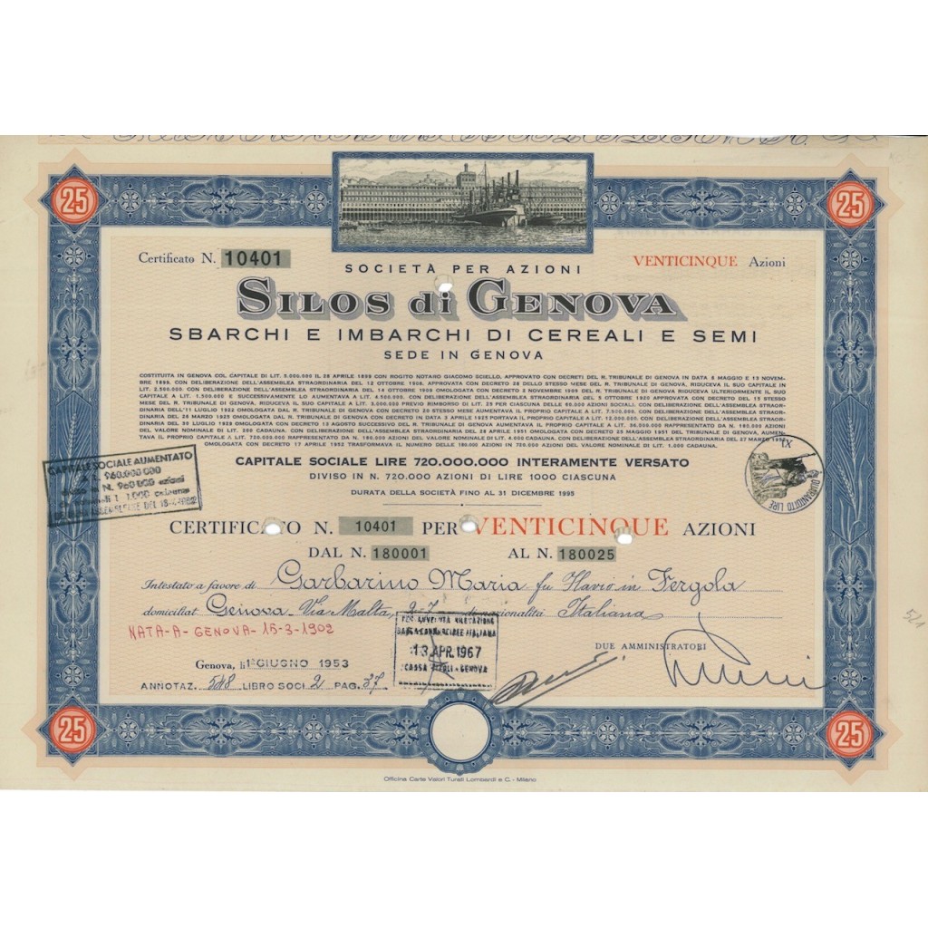 SOC. ANON. SILOS DI GENOVA - 25 AZIONI GENOVA 1953