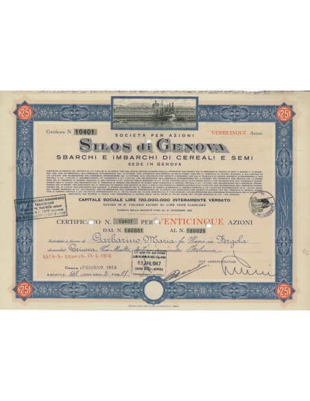 SOC. ANON. SILOS DI GENOVA - 25 AZIONI GENOVA 1953