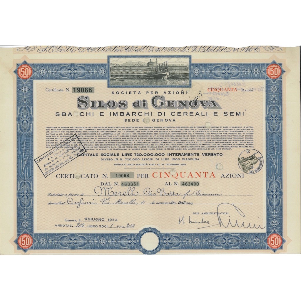SOC. ANON. SILOS DI GENOVA - 50 AZIONI GENOVA 1953
