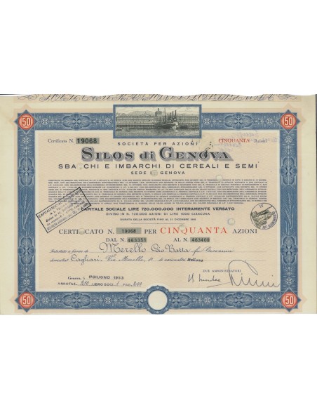 SOC. ANON. SILOS DI GENOVA - 50 AZIONI GENOVA 1953