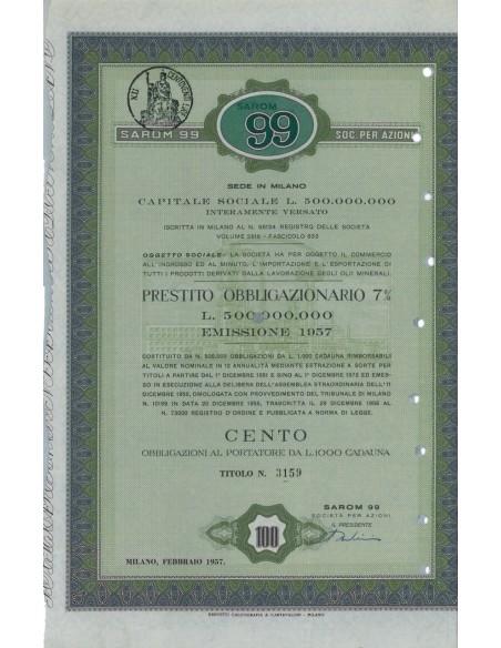 SAROM 99 SPA - 100 OBBLIGAZ. 7% MILANO 1957